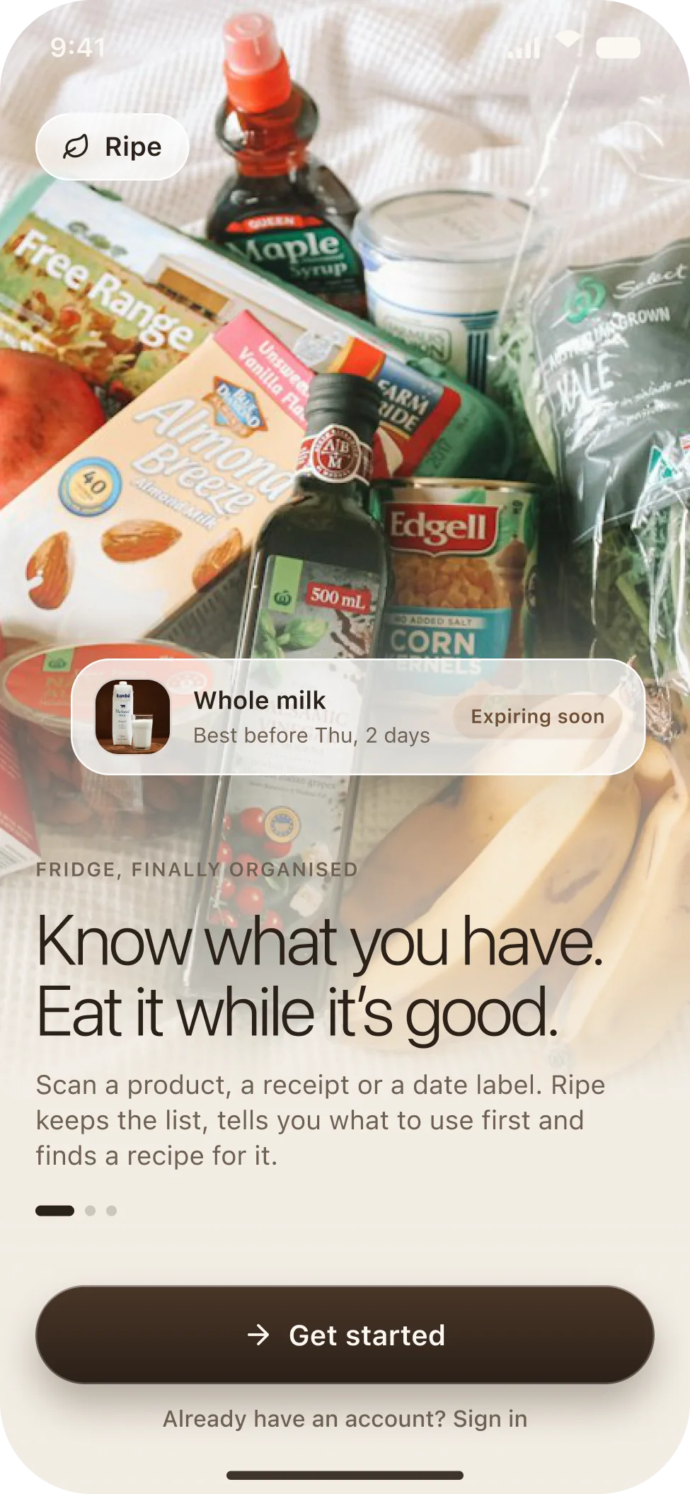 The Ripe onboarding screen with a grocery photo, a floating product card and the Get started button