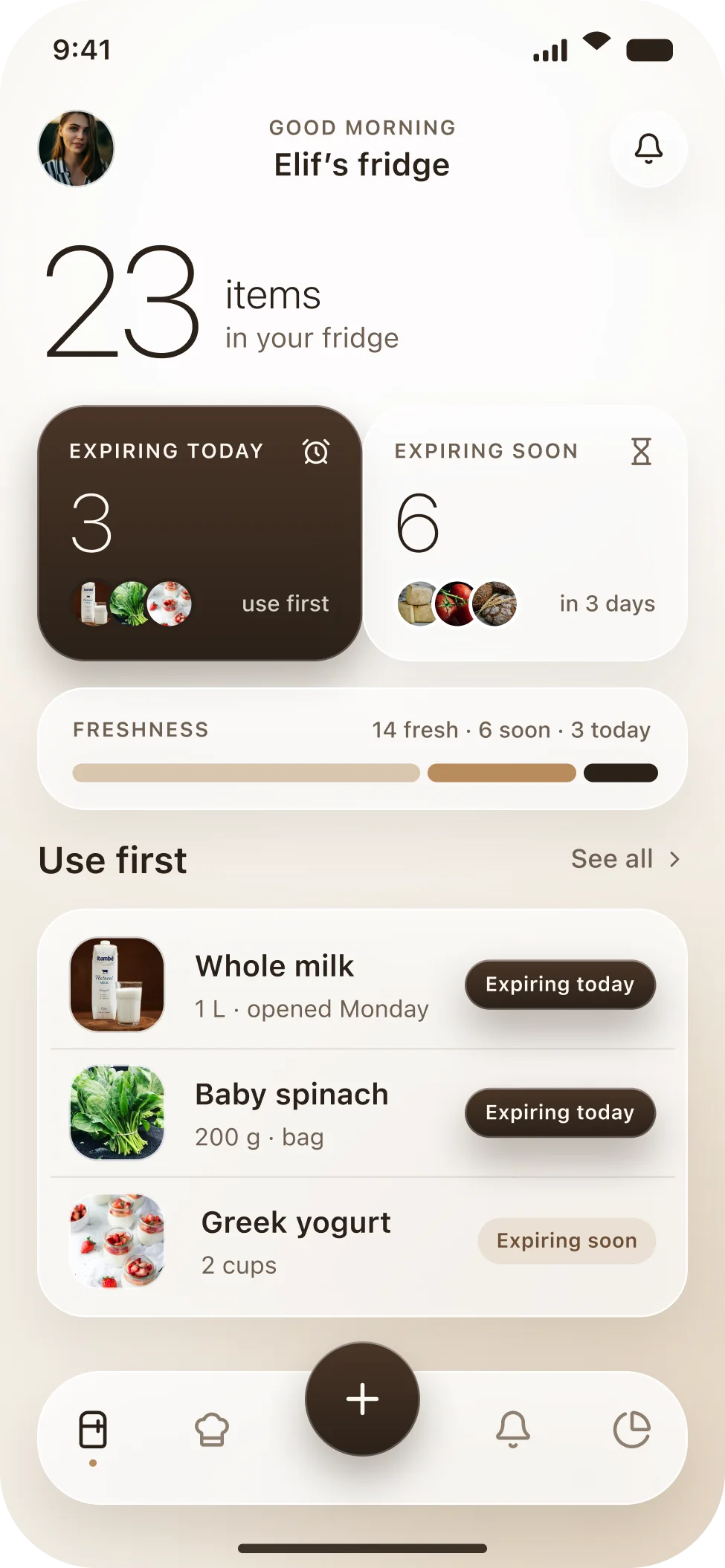 The Ripe fridge overview with the item count, two widget tiles, a freshness bar and the Use first list