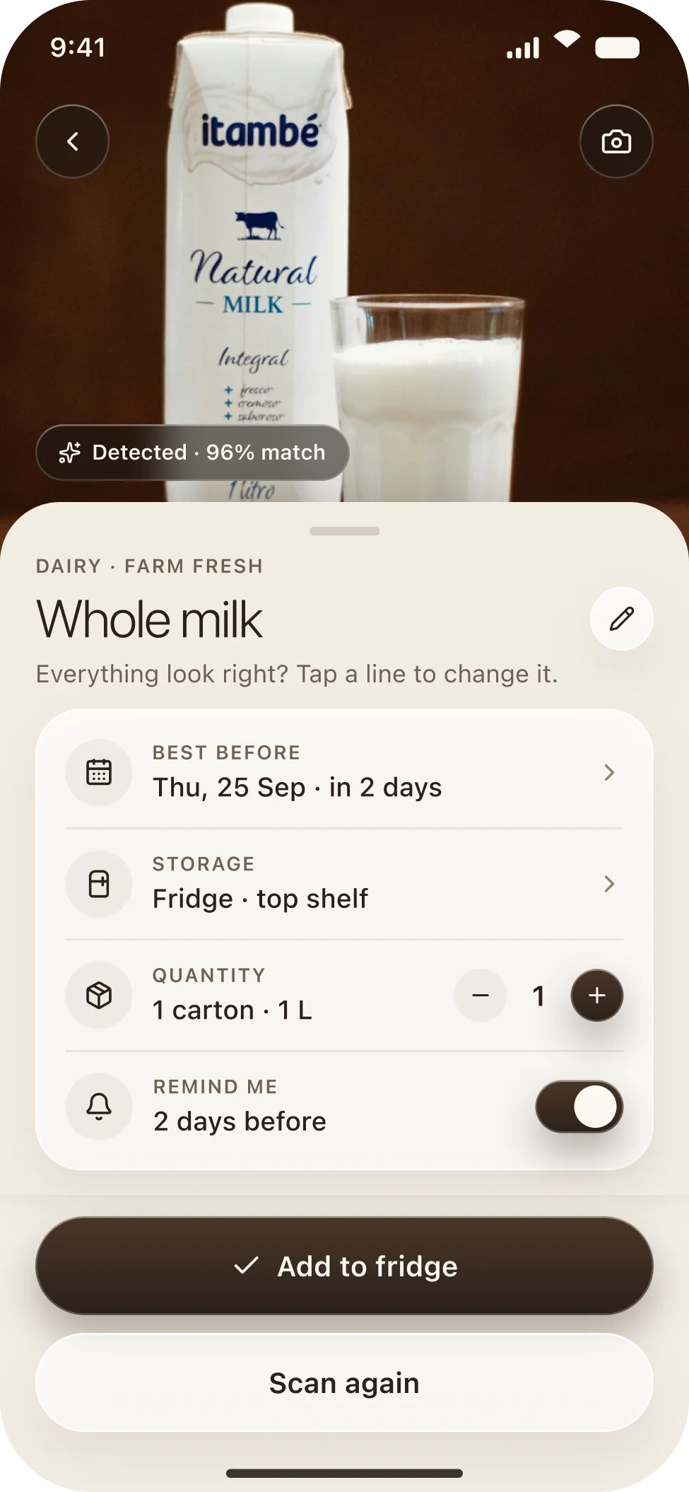 The Ripe confirm details sheet over a product photo, with date, storage, quantity and reminder rows