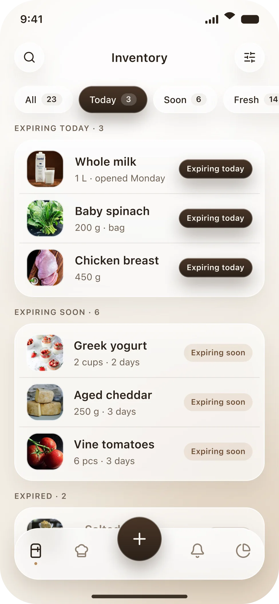 The Ripe inventory grouped into expiring today, expiring soon and expired with filter chips