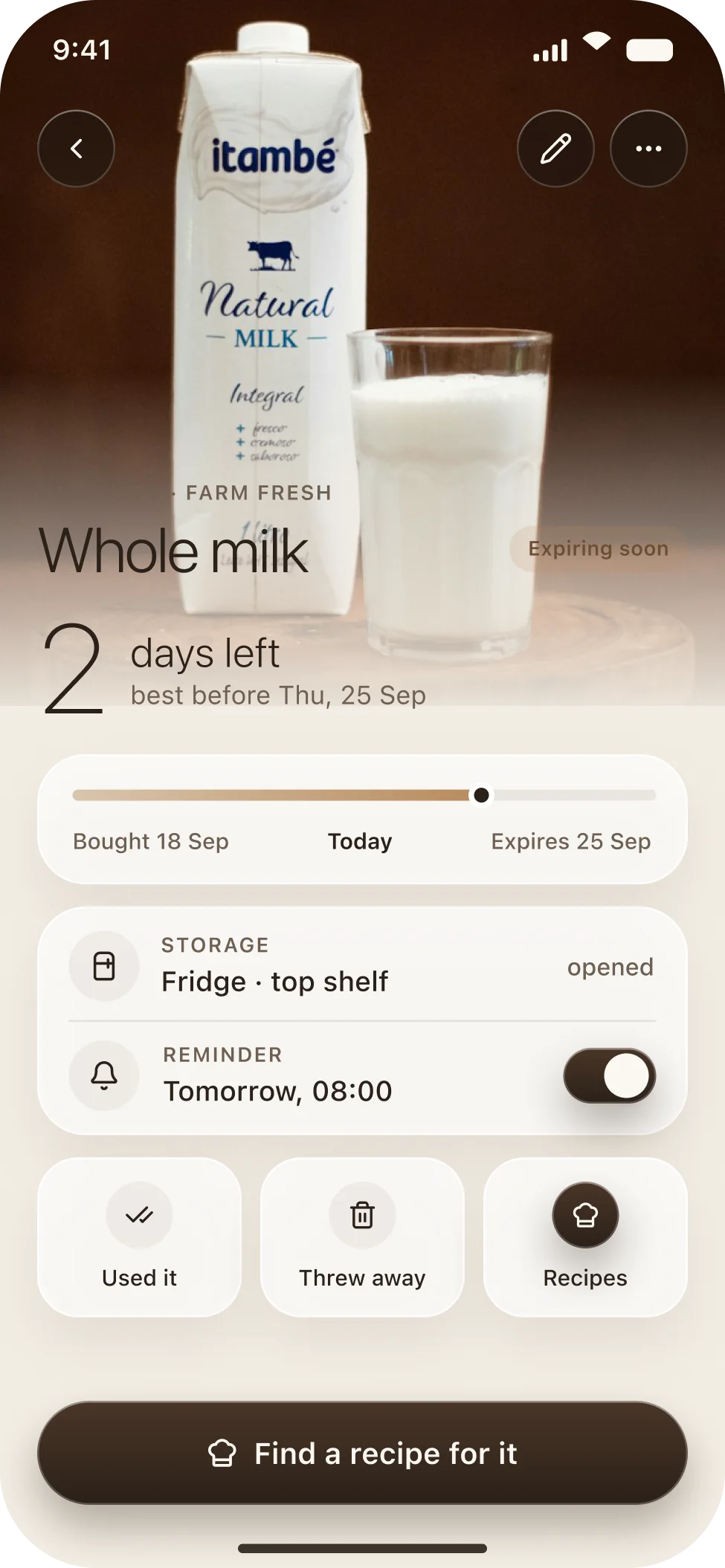 The Ripe product details screen with the days left number, a timeline and quick actions