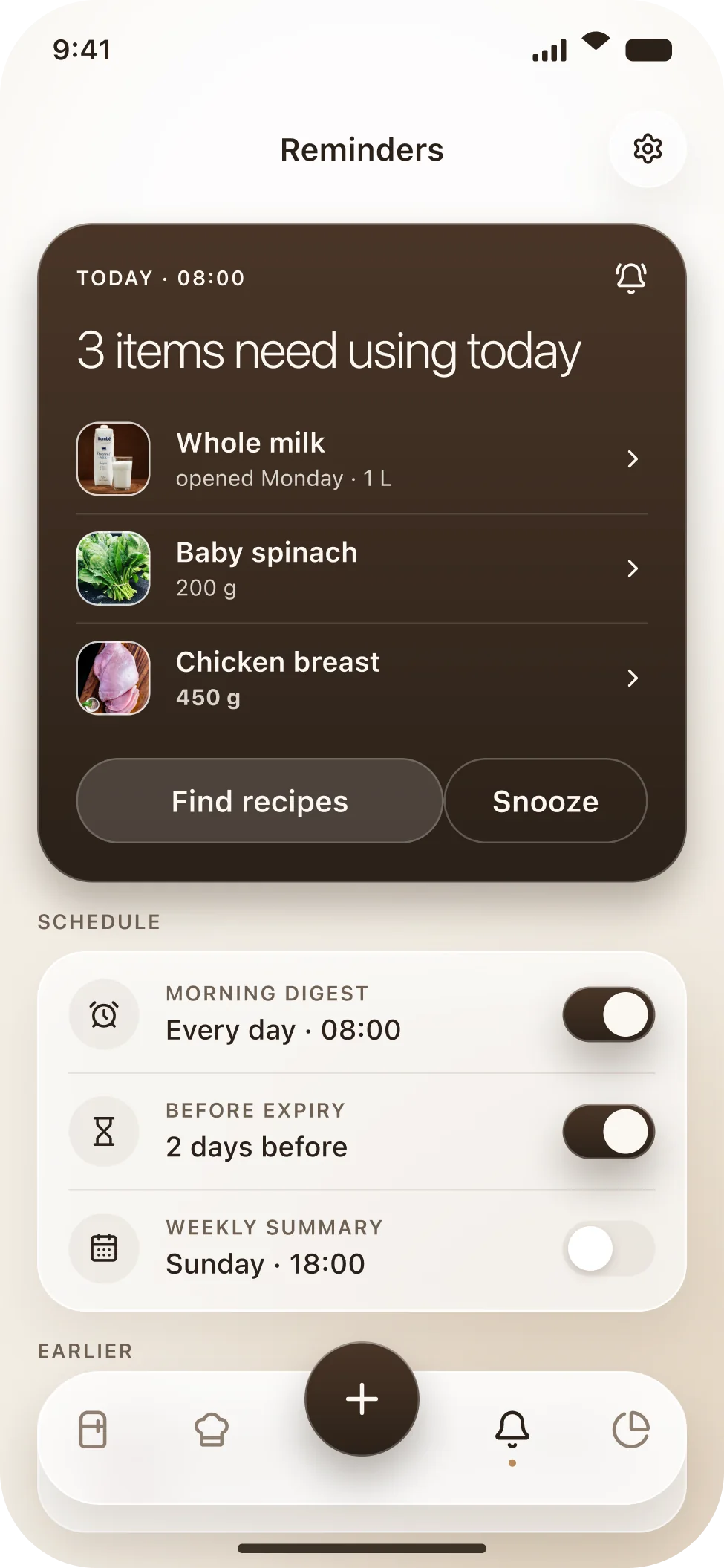 The Ripe reminders screen with the morning digest card and the reminder schedule