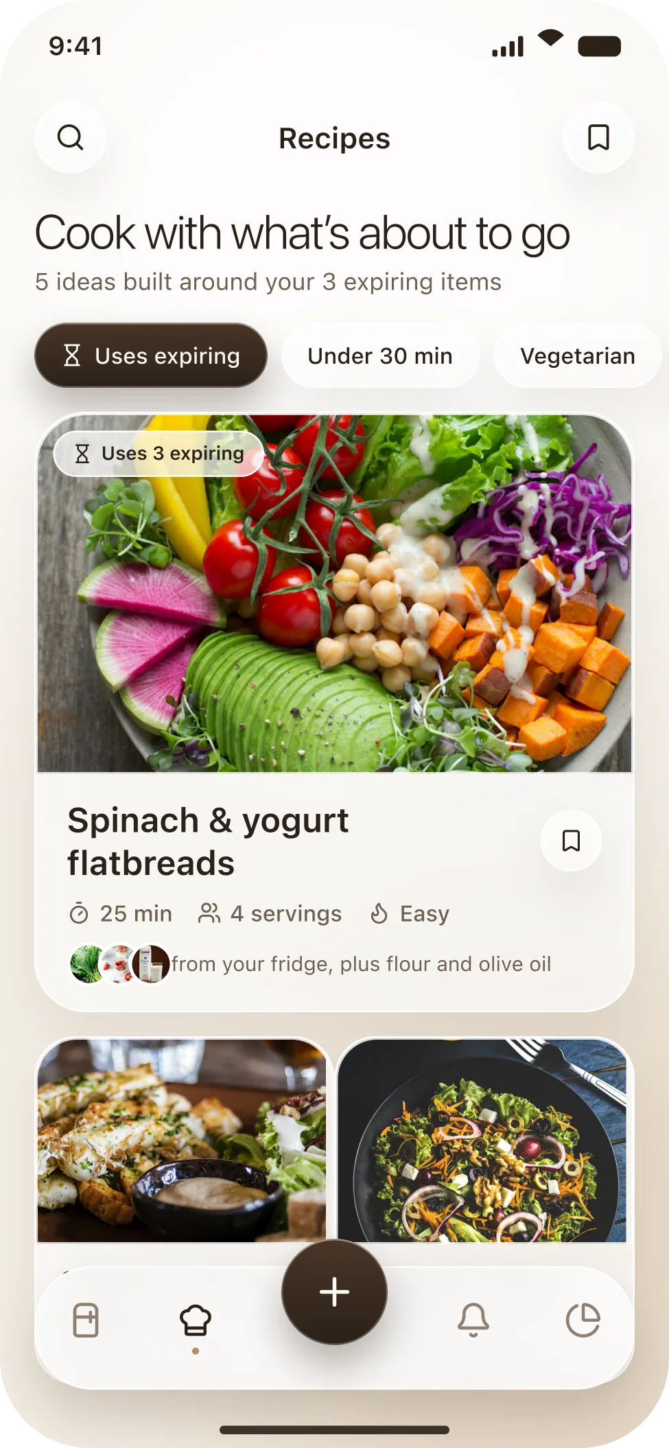 The Ripe recipe suggestions screen with a featured recipe and two smaller recipe cards