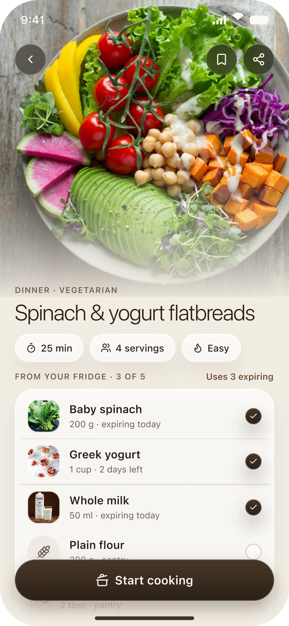 The Ripe recipe detail screen with the ingredient list checked against the fridge