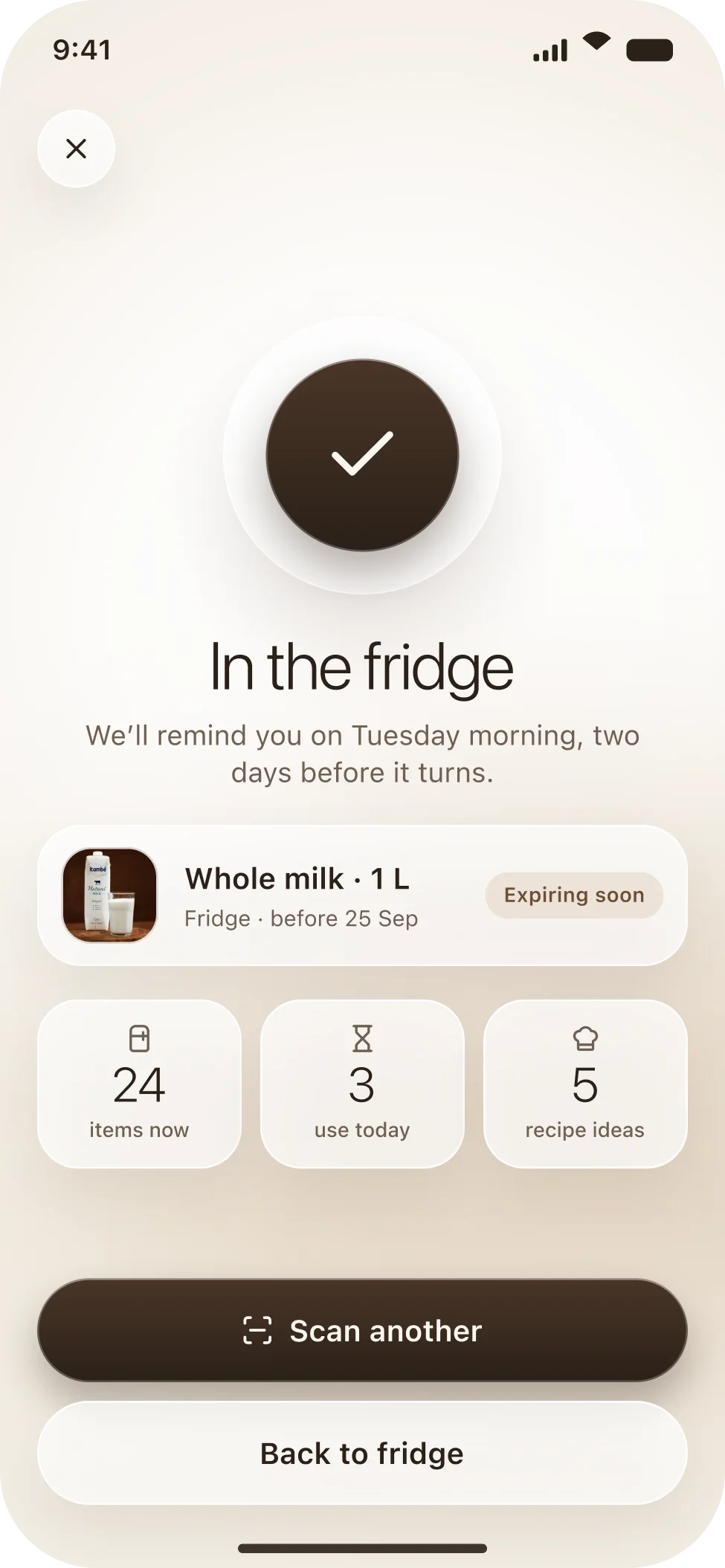 The Ripe added to fridge confirmation with a large check, the product card and three counts