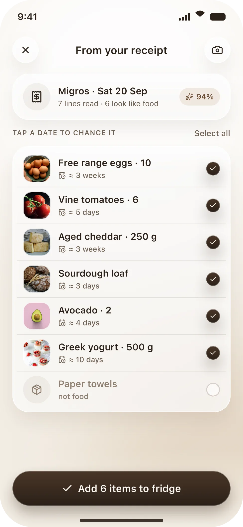 The Ripe receipt results screen listing six detected food items with estimated dates