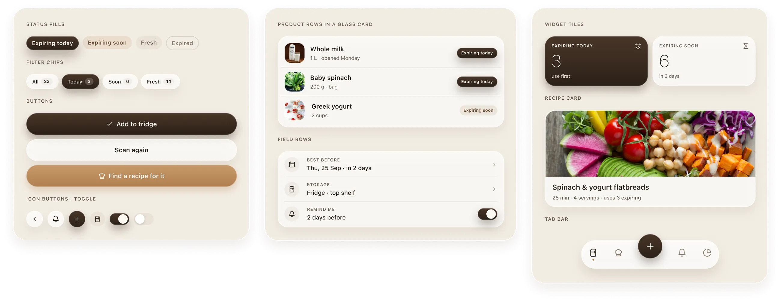 Component sheet: status pills, chips, buttons, icon buttons, toggles, product rows, field rows, widget tiles, recipe card and tab bar
