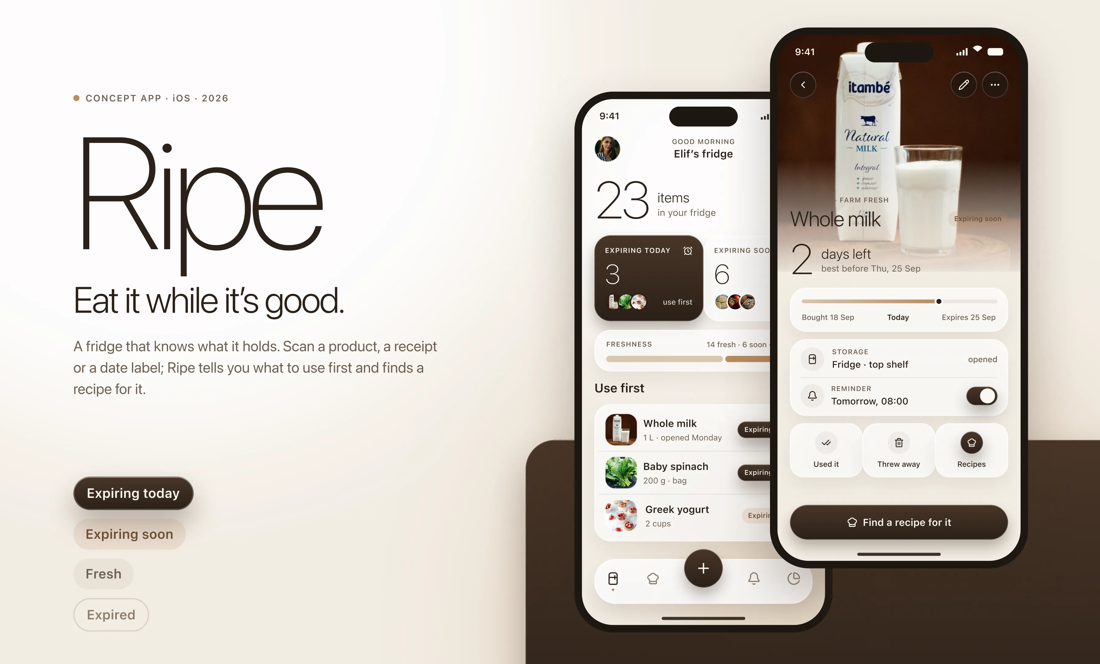 Two upright phones showing the Ripe fridge overview and a product detail, standing on a dark shelf next to the Ripe wordmark and four status pills