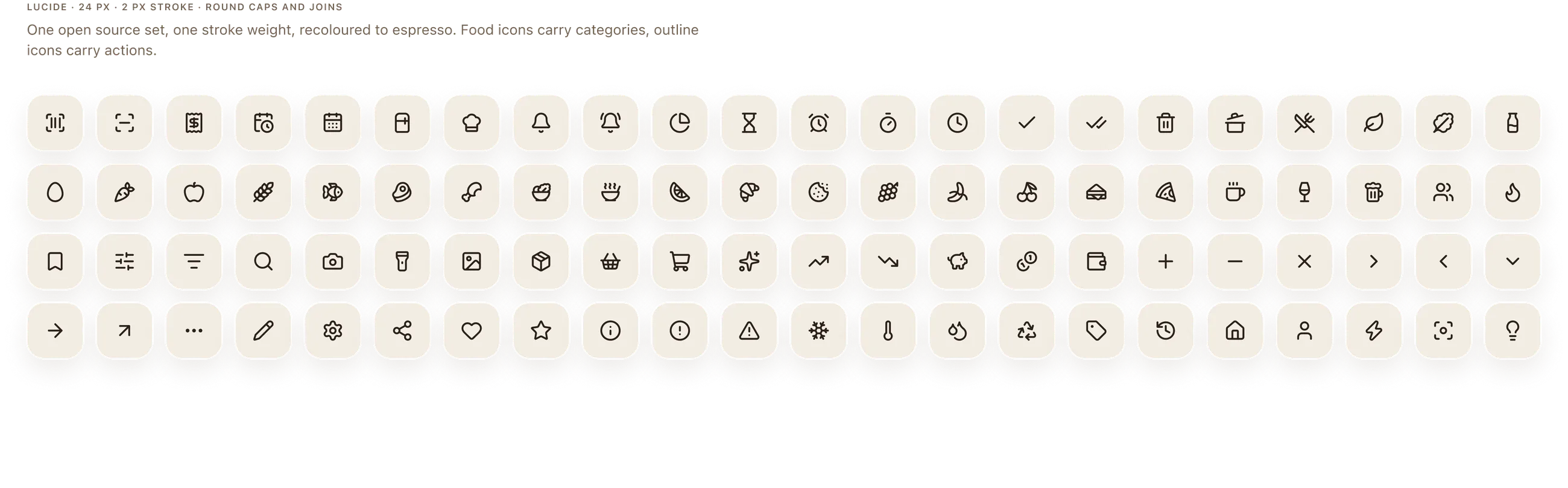 The Lucide icon set used in Ripe, in cream boxes