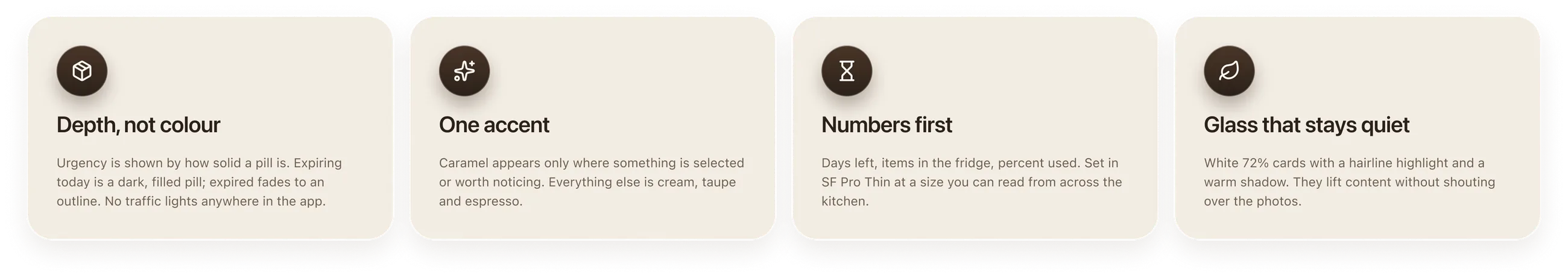 Four principle cards: depth not colour, one accent, numbers first, glass that stays quiet