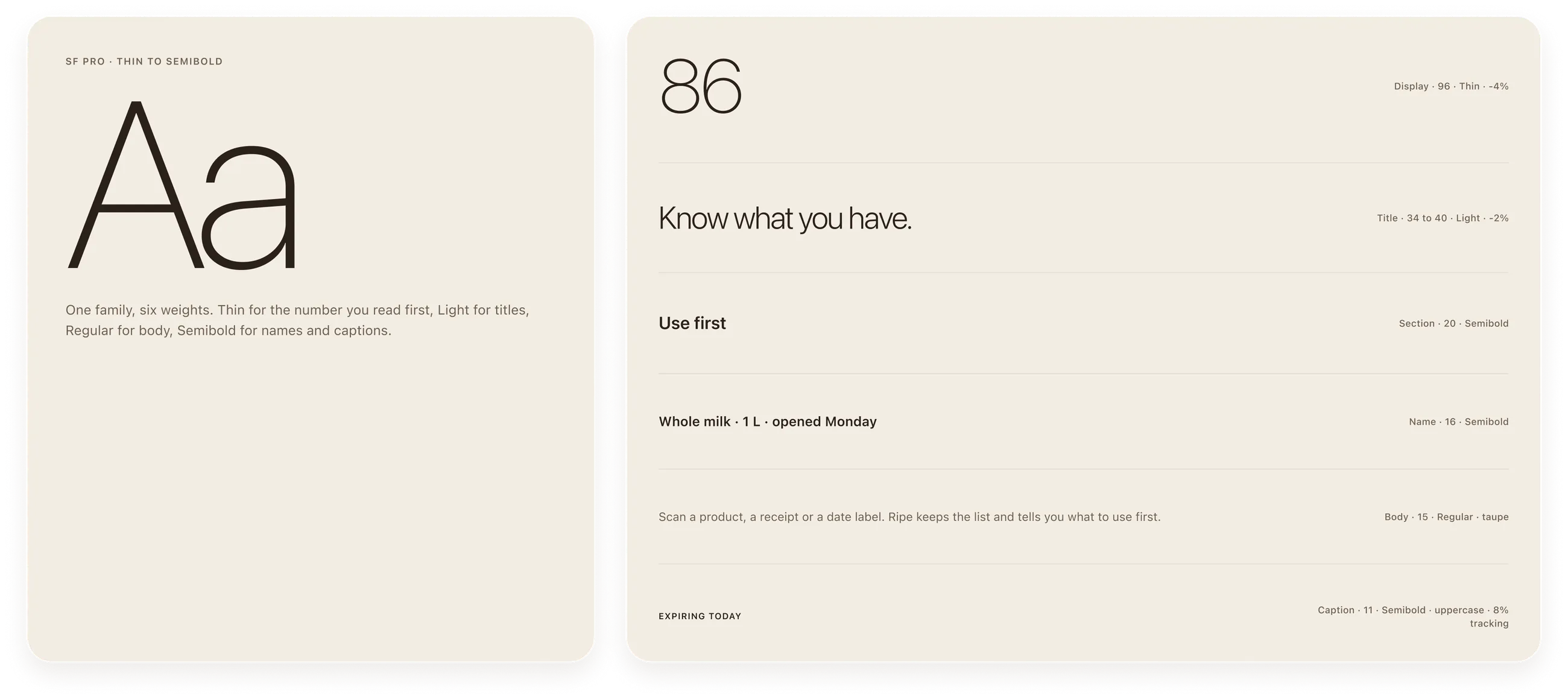 SF Pro specimen with the display number, title, section, name, body and caption sizes