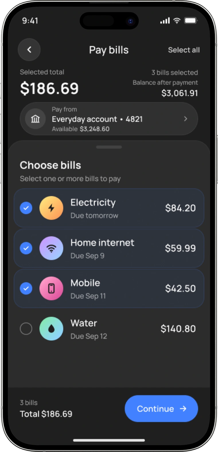 Rivo multiple bill selection screen