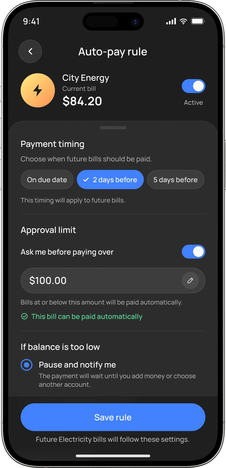 Rivo smart auto pay rule screen