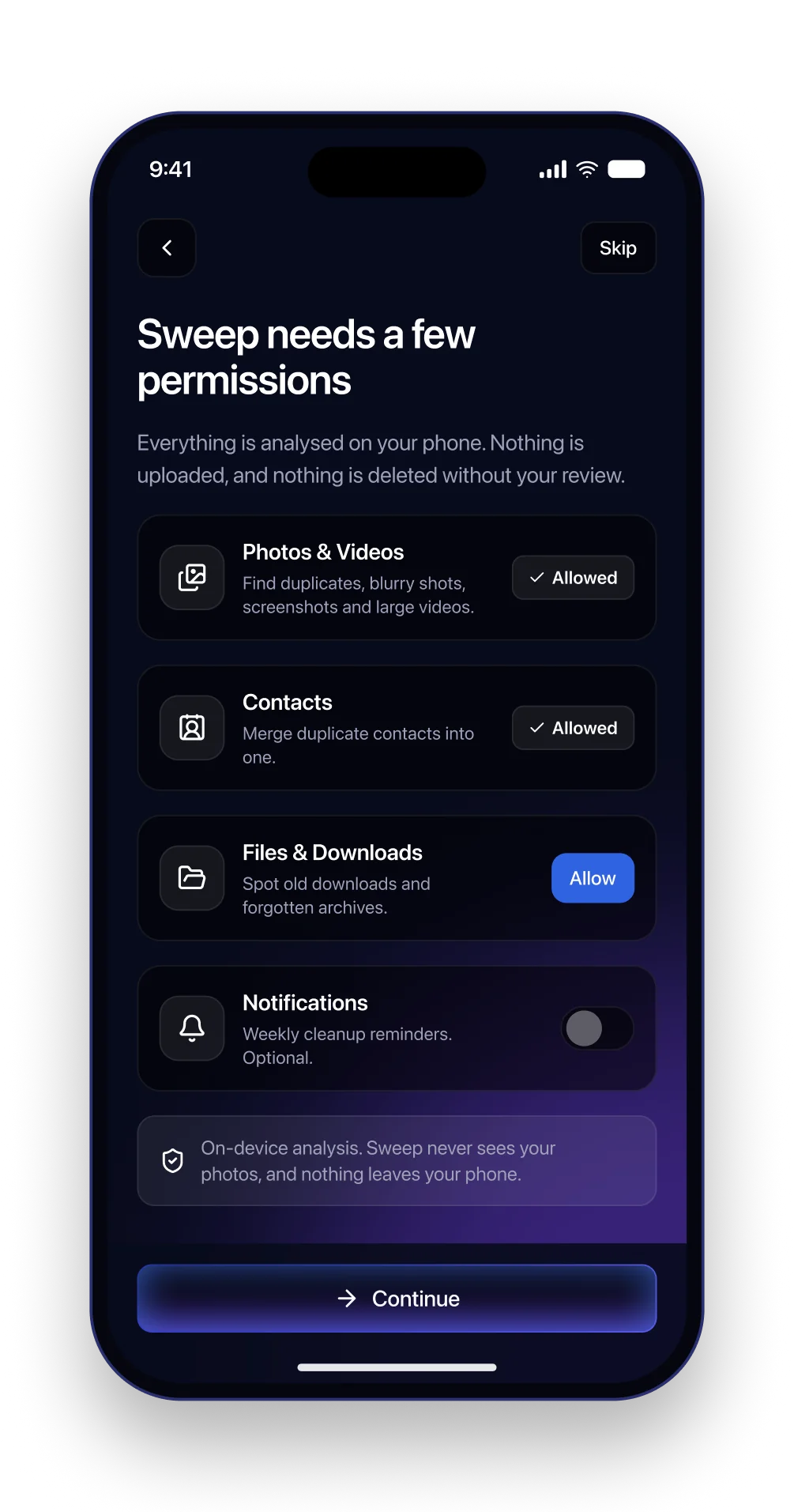 The Sweep permissions screen with four permission cards and a privacy note