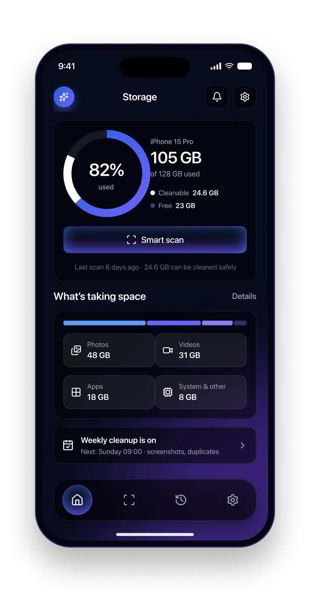 The Sweep storage overview with a usage ring, storage breakdown tiles and the Smart scan button