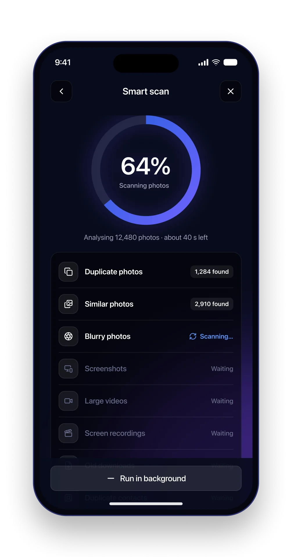 The Sweep smart scan screen with a 64 percent progress ring and a per-category status list