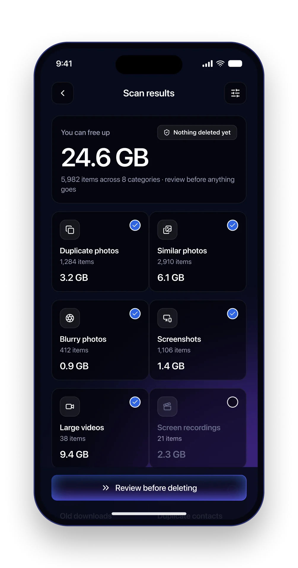 The Sweep scan results screen with the total cleanable space and a grid of eight category tiles