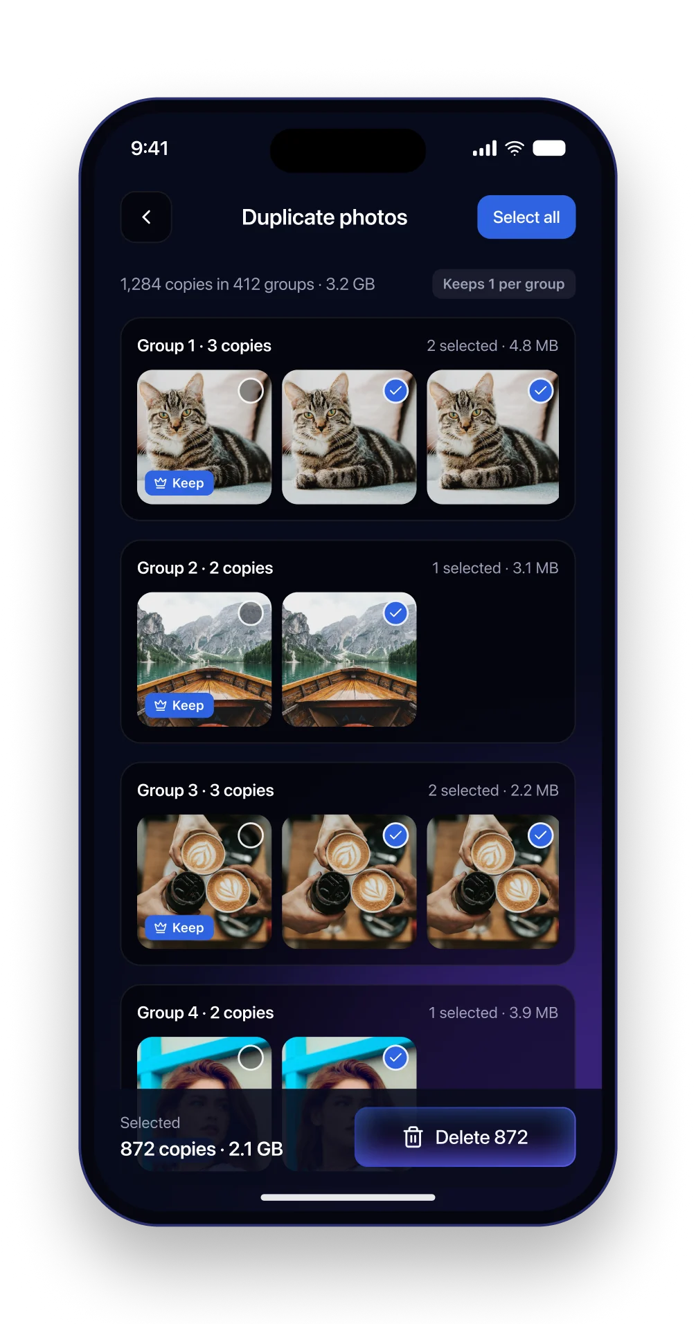 The Sweep duplicate photos screen with groups of identical photos, the original marked Keep
