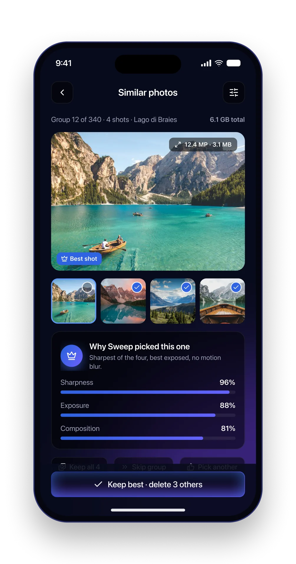 The Sweep similar photos screen with a large best-shot preview, a filmstrip and quality score bars