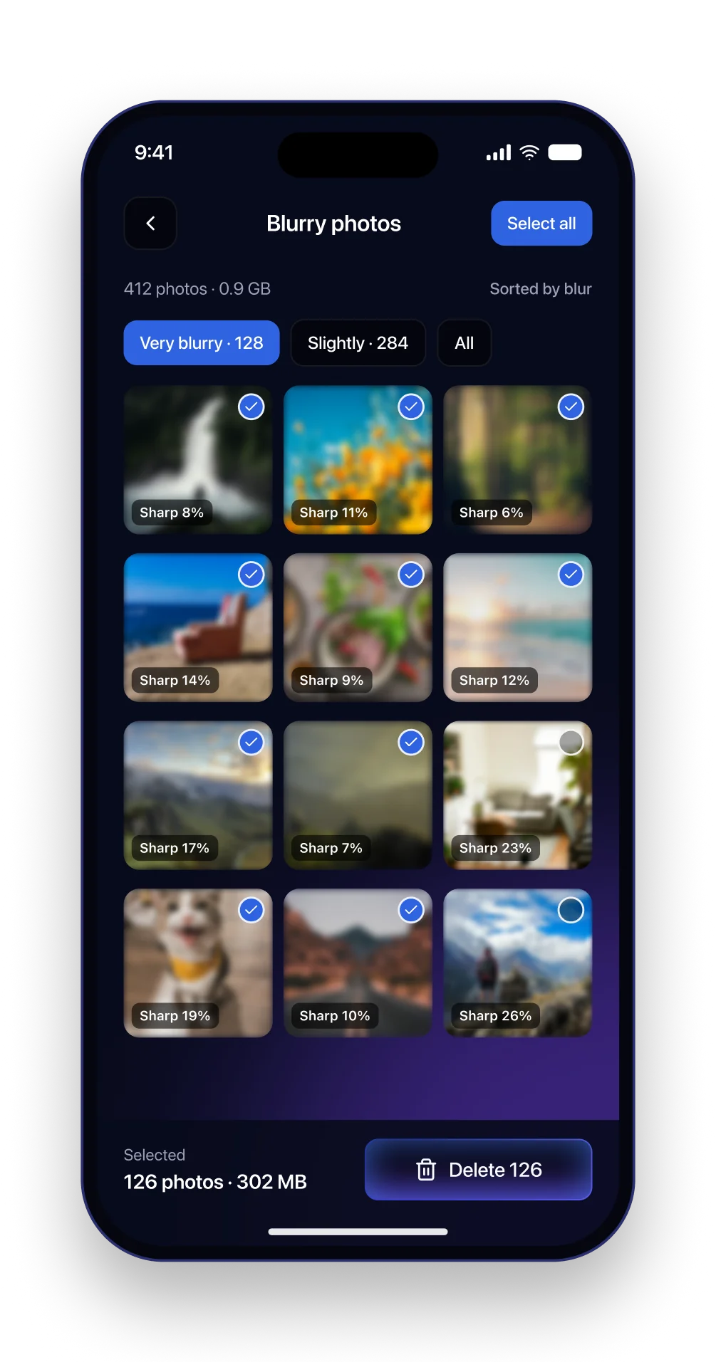 The Sweep blurry photos screen with a grid of blurred thumbnails, sharpness labels and selection dots