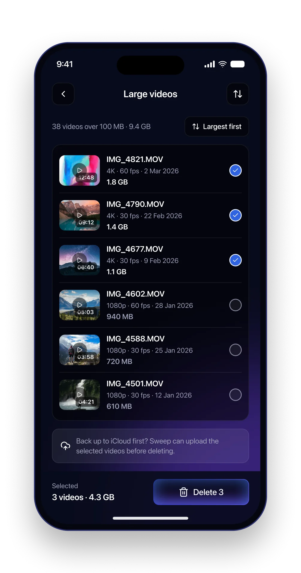 The Sweep large videos screen listing videos with thumbnails, durations and sizes