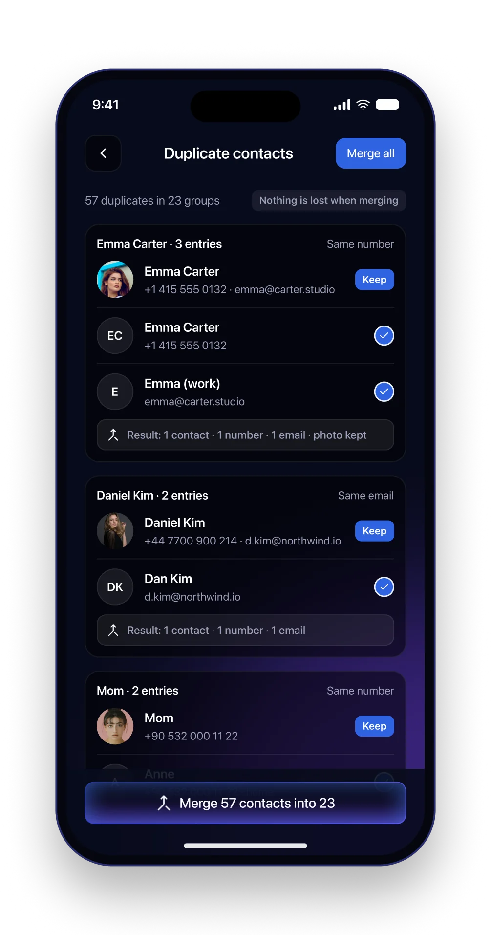 The Sweep duplicate contacts screen with grouped contacts and merge previews