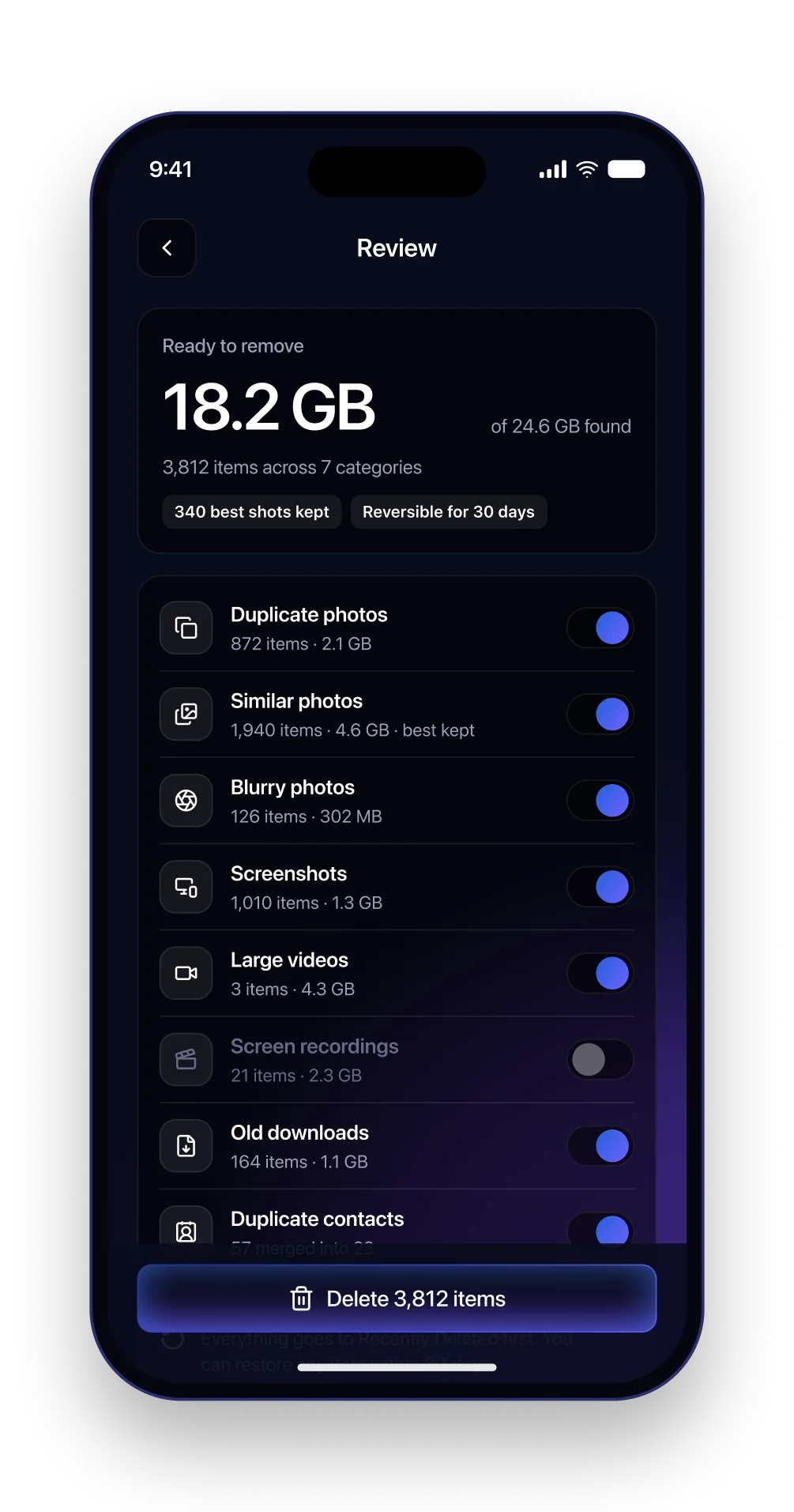 The Sweep review screen with the total to remove and category rows with toggles