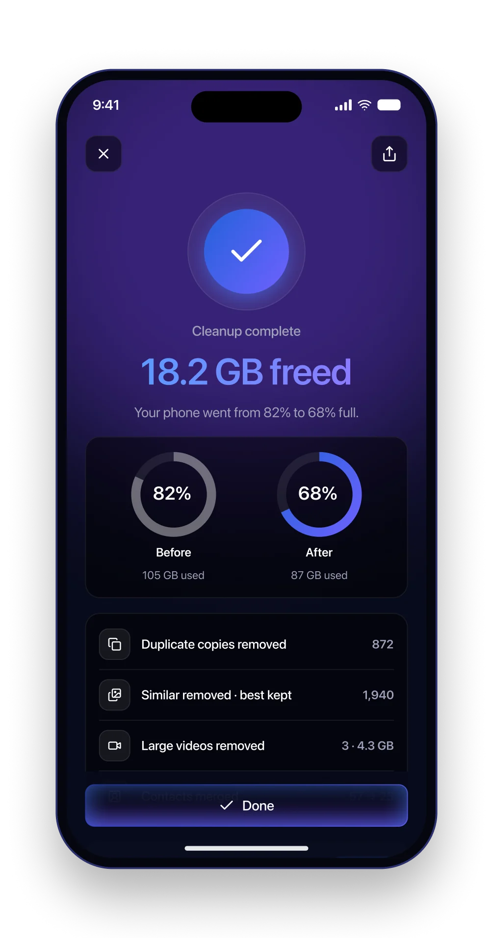 The Sweep cleanup result screen with before and after rings and a breakdown