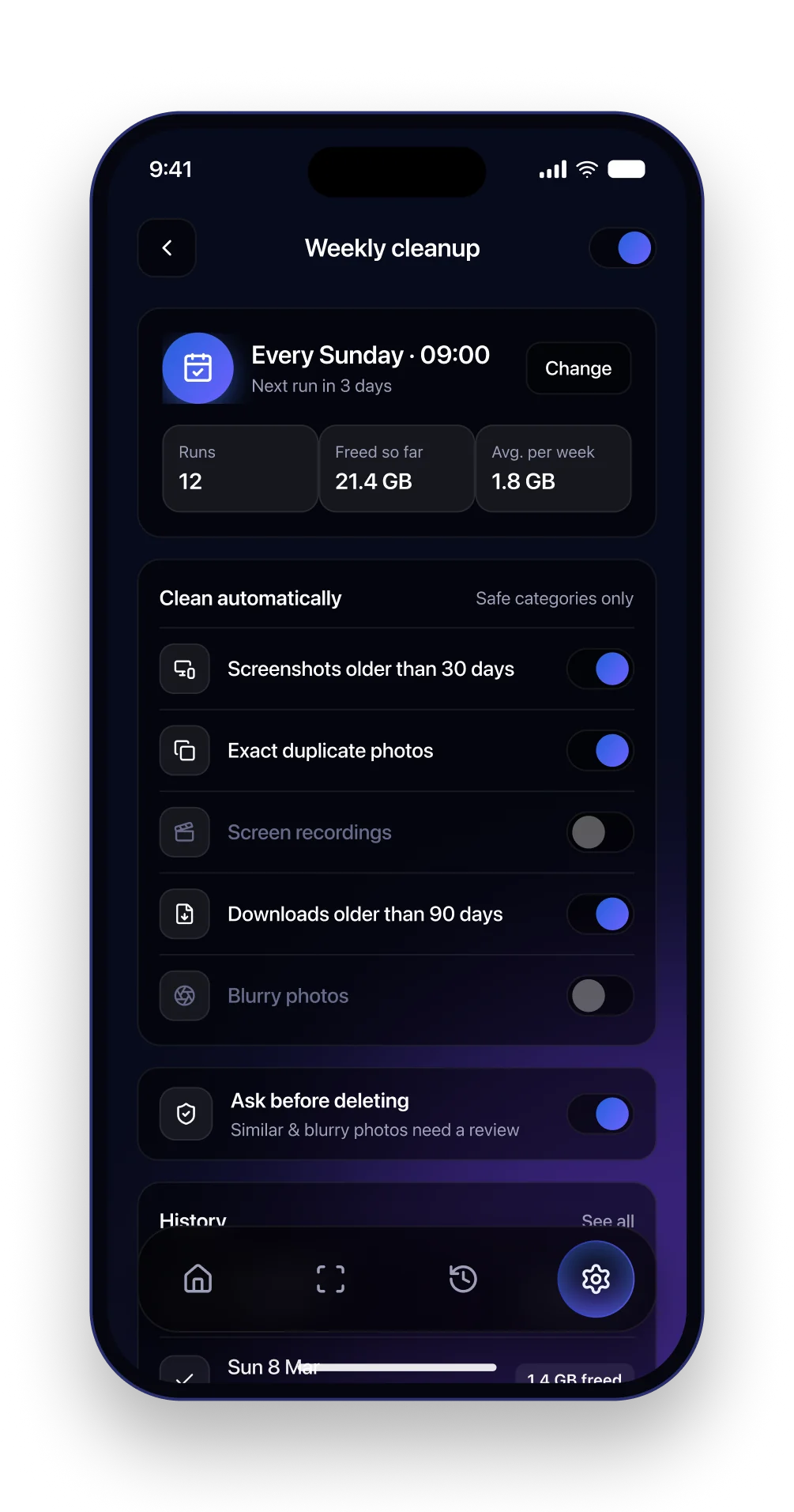 The Sweep weekly cleanup screen with schedule, automatic category toggles and run history