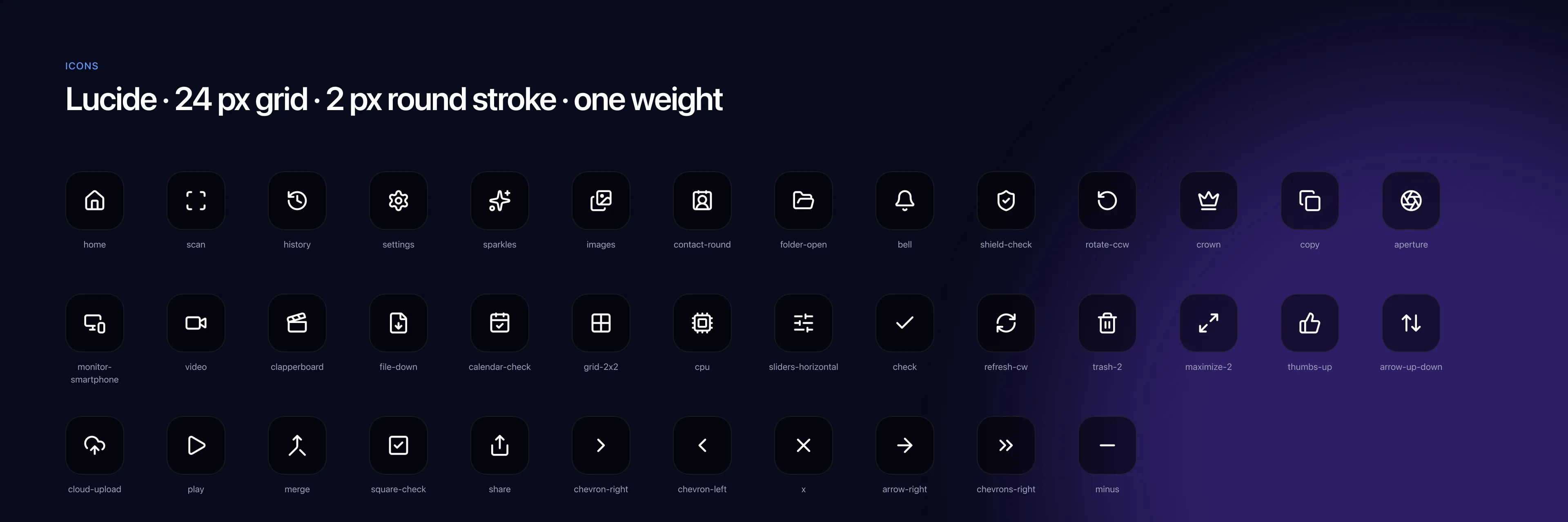 The Lucide icon set used in Sweep, in glass boxes with names