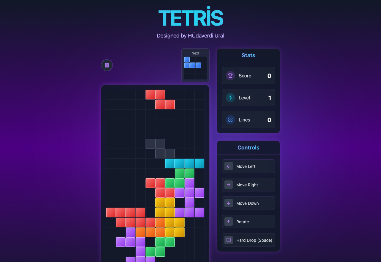 Tetris gameplay showing the board, next piece preview, and stats panel
