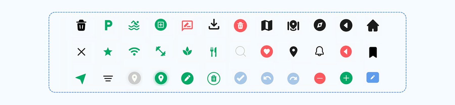 Vera icon set: navigation, map, media, action and status icons