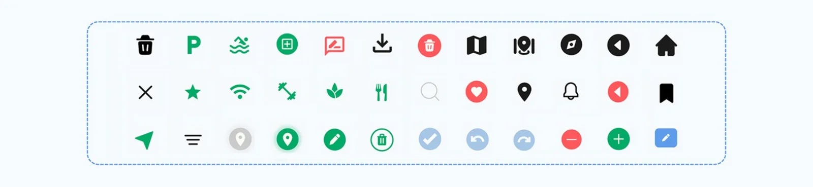 Vera icon set: navigation, map, media, action and status icons
