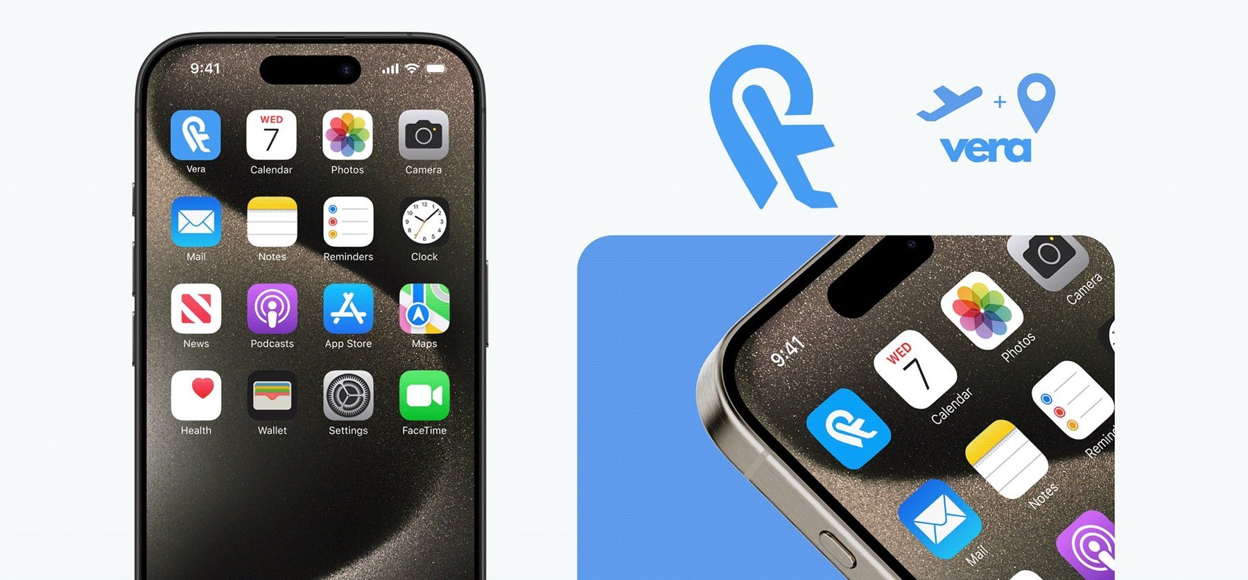 The Vera app icon on an iPhone home screen, shown next to the logo mark that combines a location pin with a plane