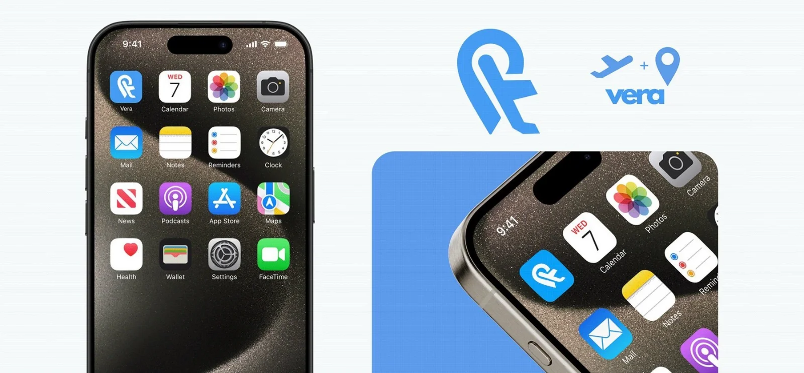 The Vera app icon on an iPhone home screen, shown next to the logo mark that combines a location pin with a plane