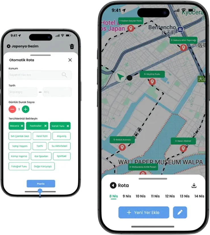 Vera automatic route setup with travel preferences, and the generated itinerary on the map