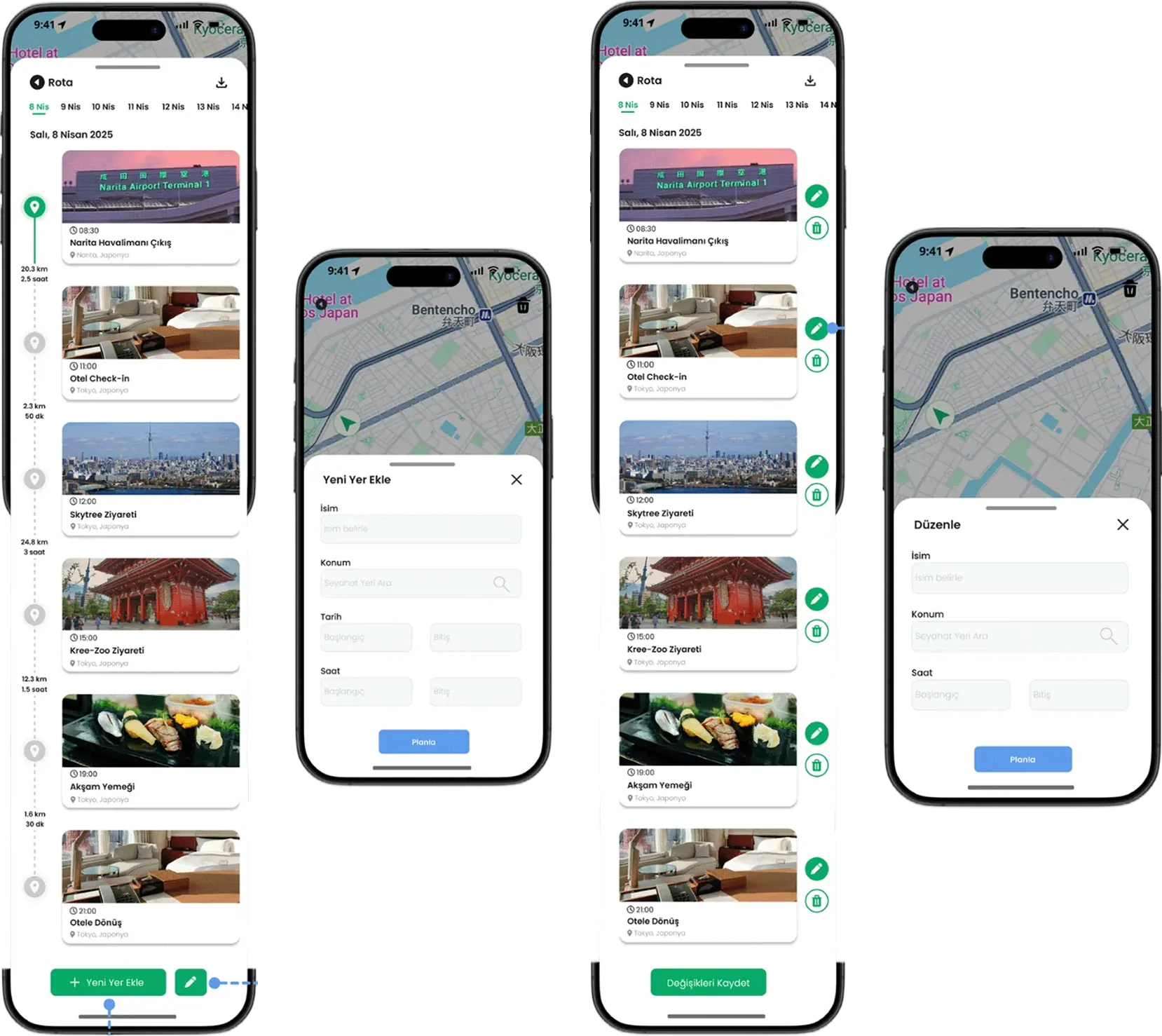 Vera itinerary list view, the add-a-place dialog, the editable list and the edit dialog