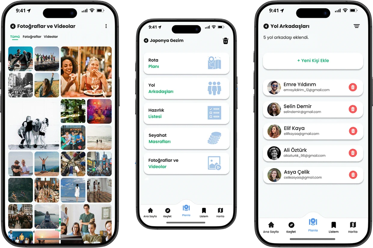 Vera trip photo gallery, the trip menu and the travel companions screen