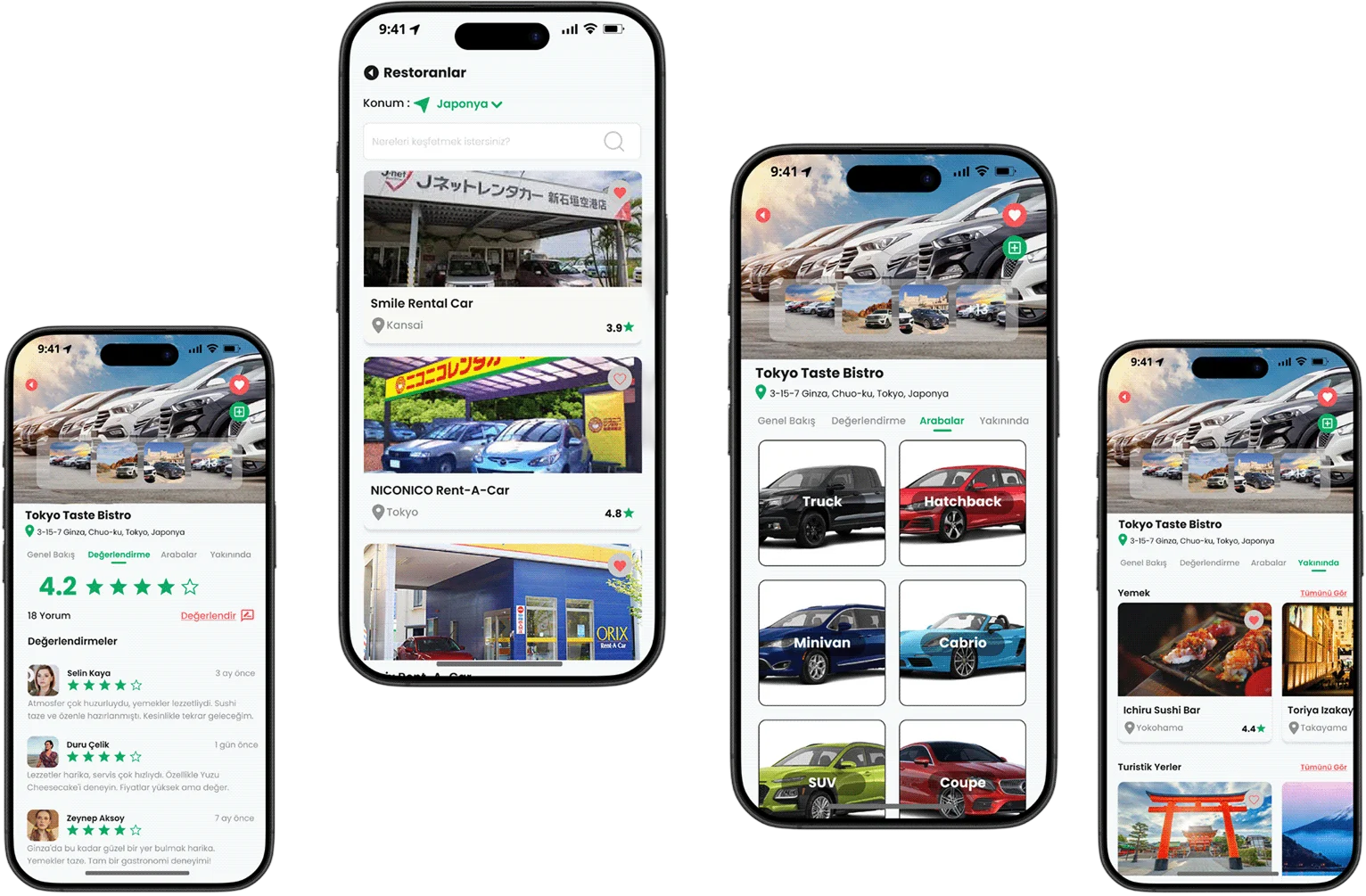 Vera vehicle rental list, agency overview, reviews, available cars and nearby places screens