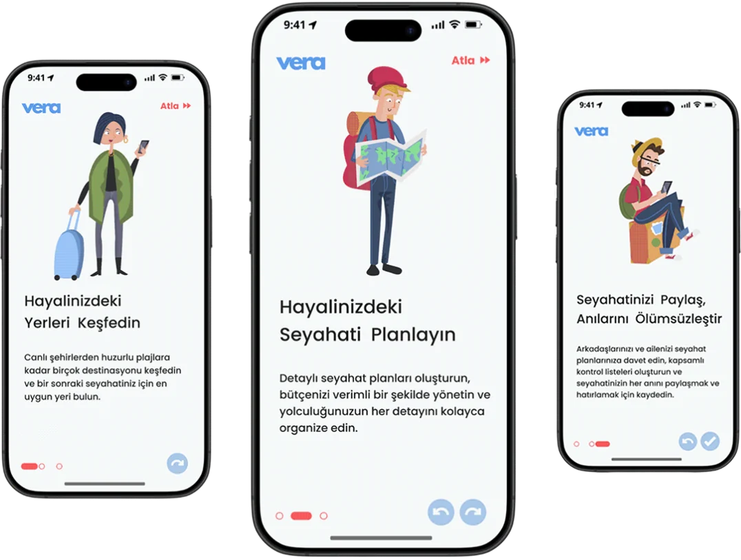 Vera onboarding screens introducing destination discovery, trip planning and sharing