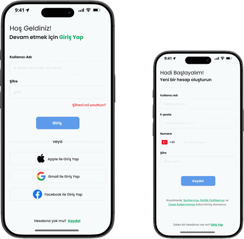 Vera log in and sign up screens