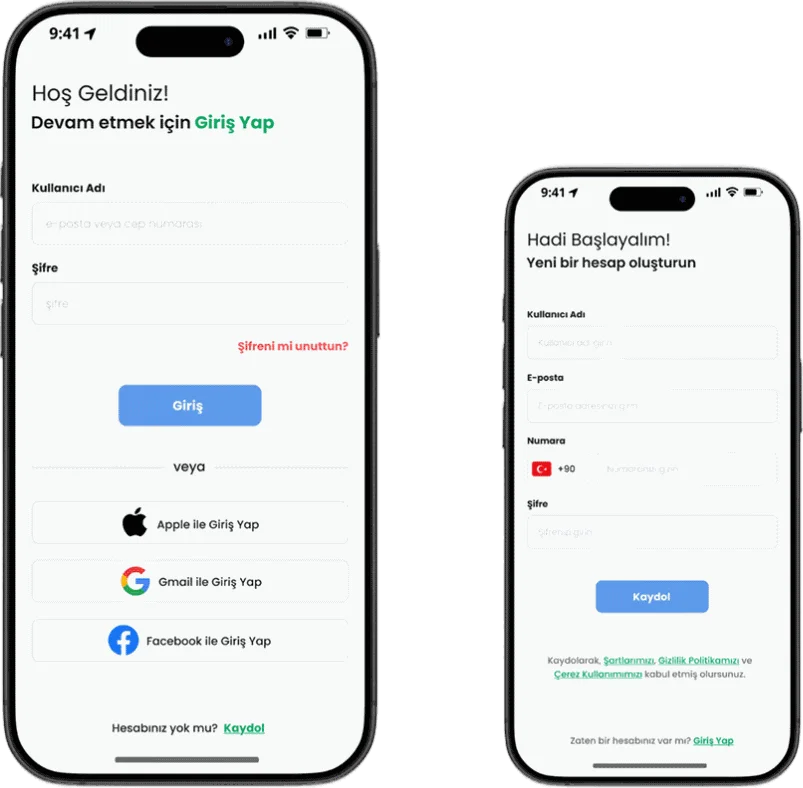 Vera log in and sign up screens
