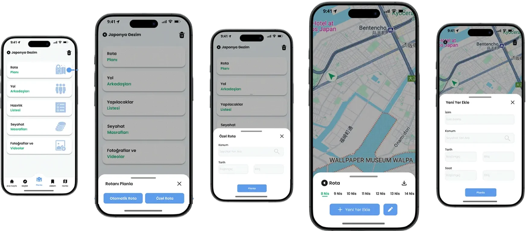 Vera route planning flow: choosing between an automatic and a custom route, entering dates and building the itinerary on the map