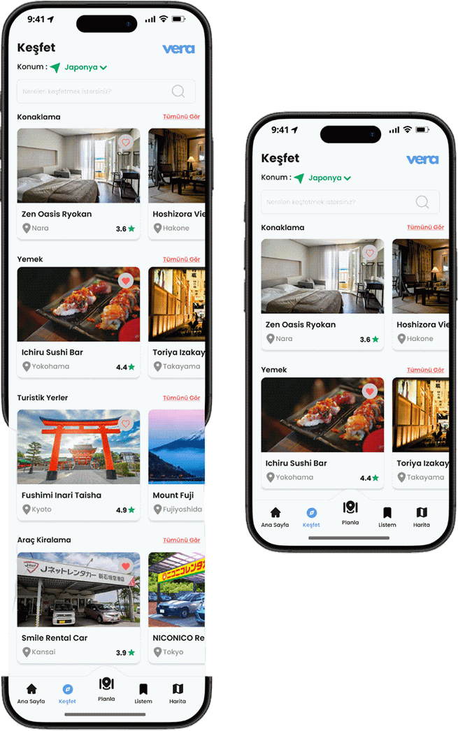 Vera explore screen listing accommodation, restaurants, tourist attractions and vehicle rental
