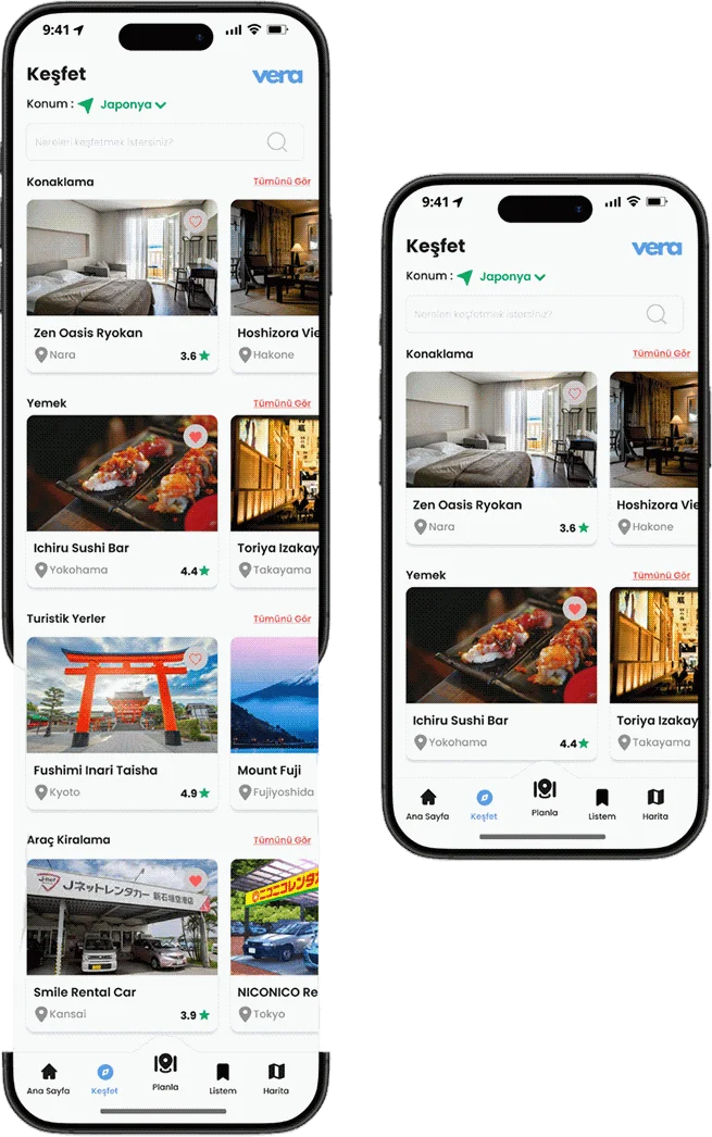 Vera explore screen listing accommodation, restaurants, tourist attractions and vehicle rental