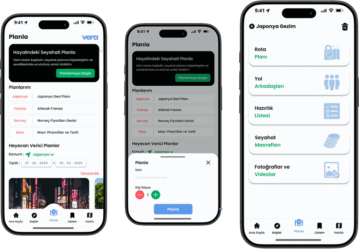 Vera plan screen, the new trip dialog and the created trip screen