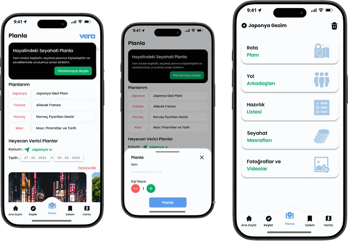 Vera plan screen, the new trip dialog and the created trip screen