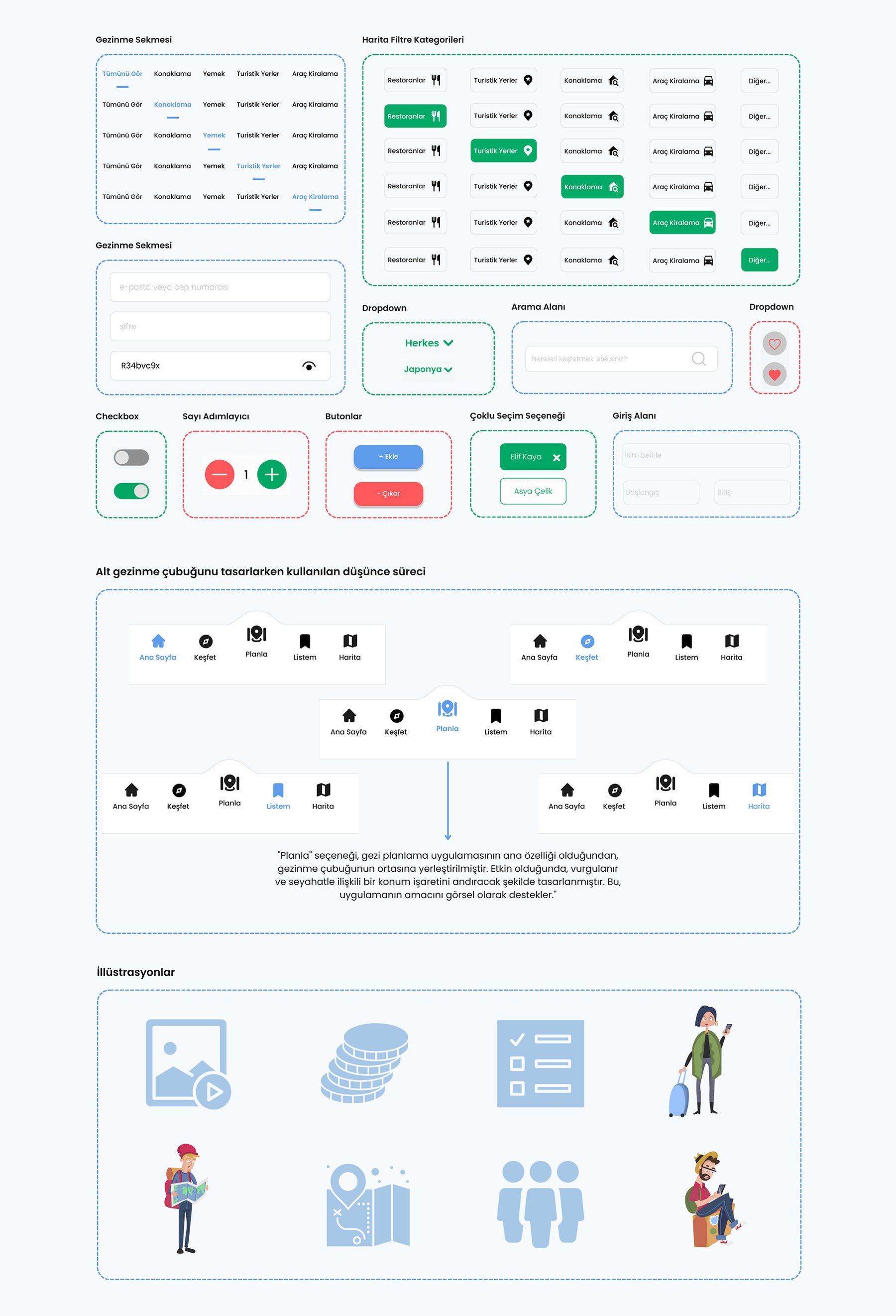 Vera UI component library: navigation tabs, filters, inputs, buttons, the bottom navigation bar study and illustrations
