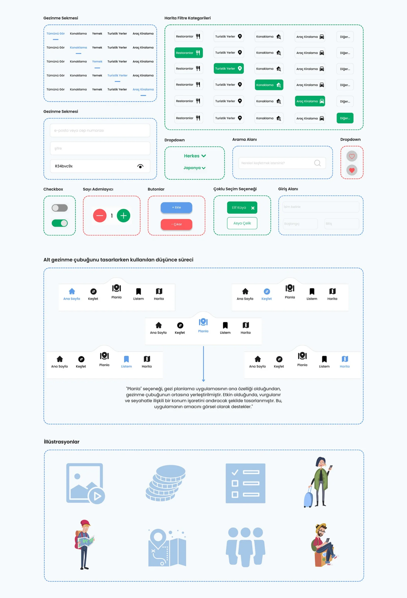 Vera UI component library: navigation tabs, filters, inputs, buttons, the bottom navigation bar study and illustrations