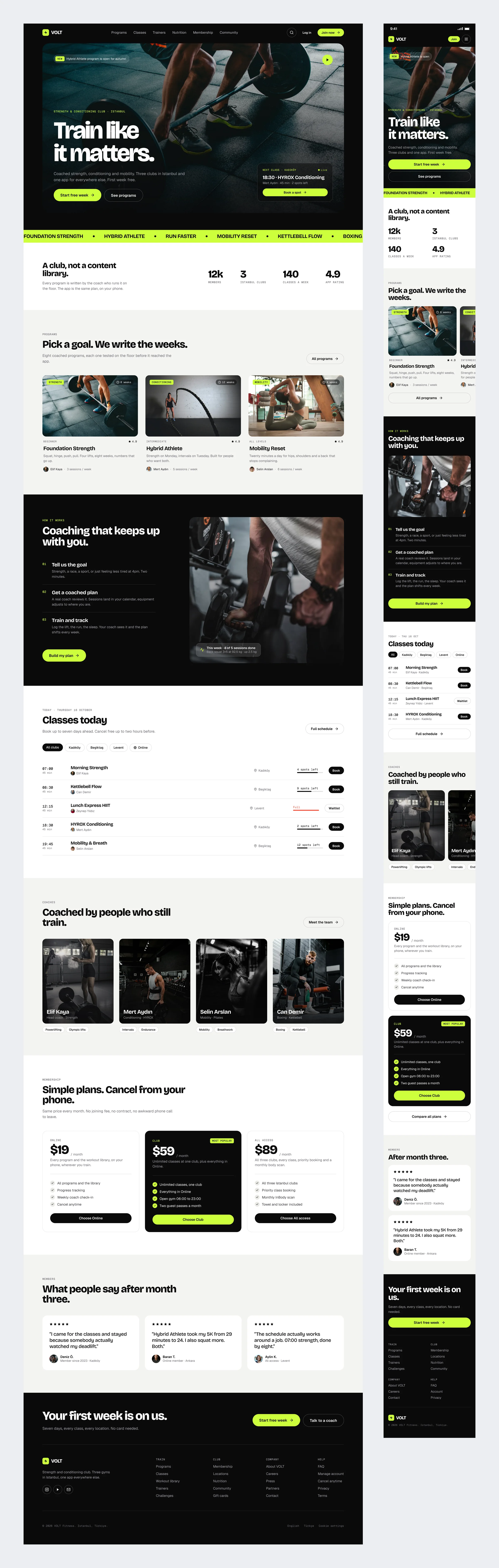The VOLT home page on desktop and mobile, with the hero, today’s classes, the coaches and the membership plans
